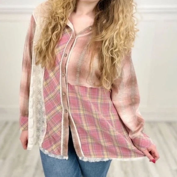 Oli & Hali Plaid Lace Patchwork Long Sleeve Flannel Shirt Shacket Small - Picture 6 of 16